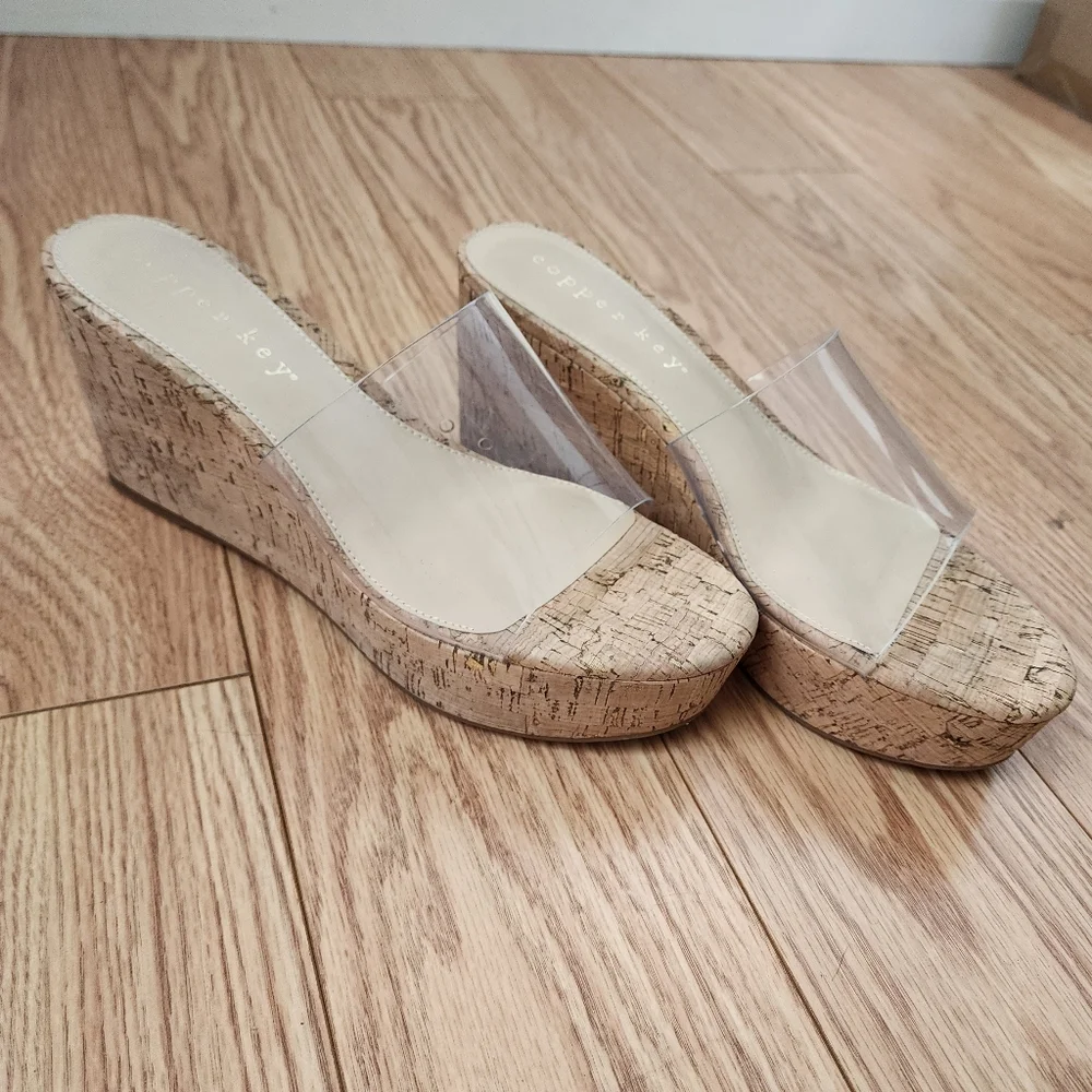 Copper Key Seaside Women's Clear Vinyl Platform Cork Wedge Sandals Size 10